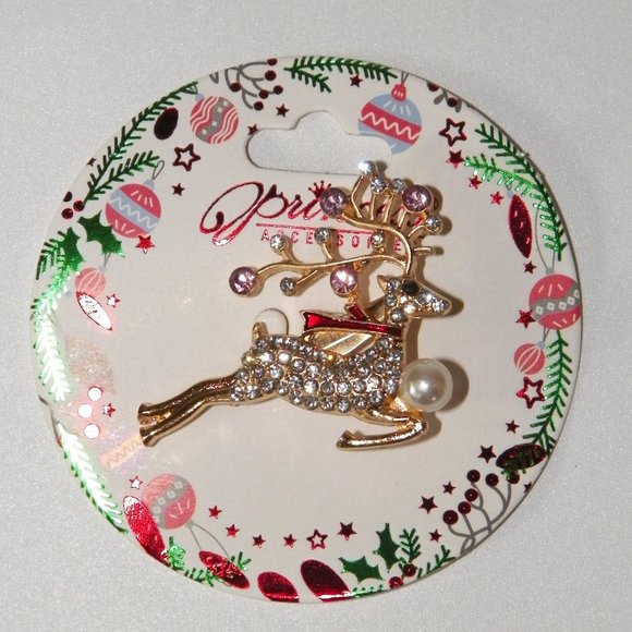 Christmas Reindeer Rhinestone Brooch 2" Gold - Picture 5 of 5